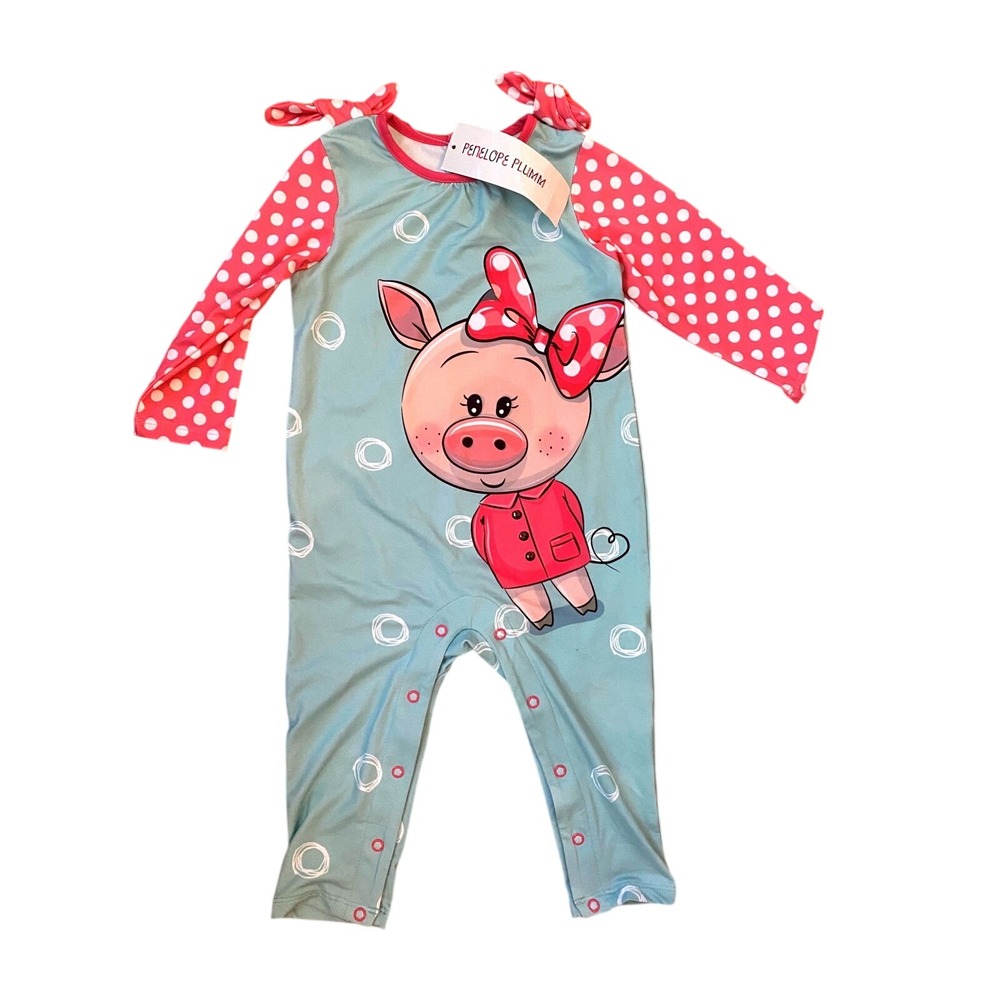 Penelope‎ Plumm Baby Girl Pig Romper Blue Pink Polka Dot Long Sleeve 18M NEW